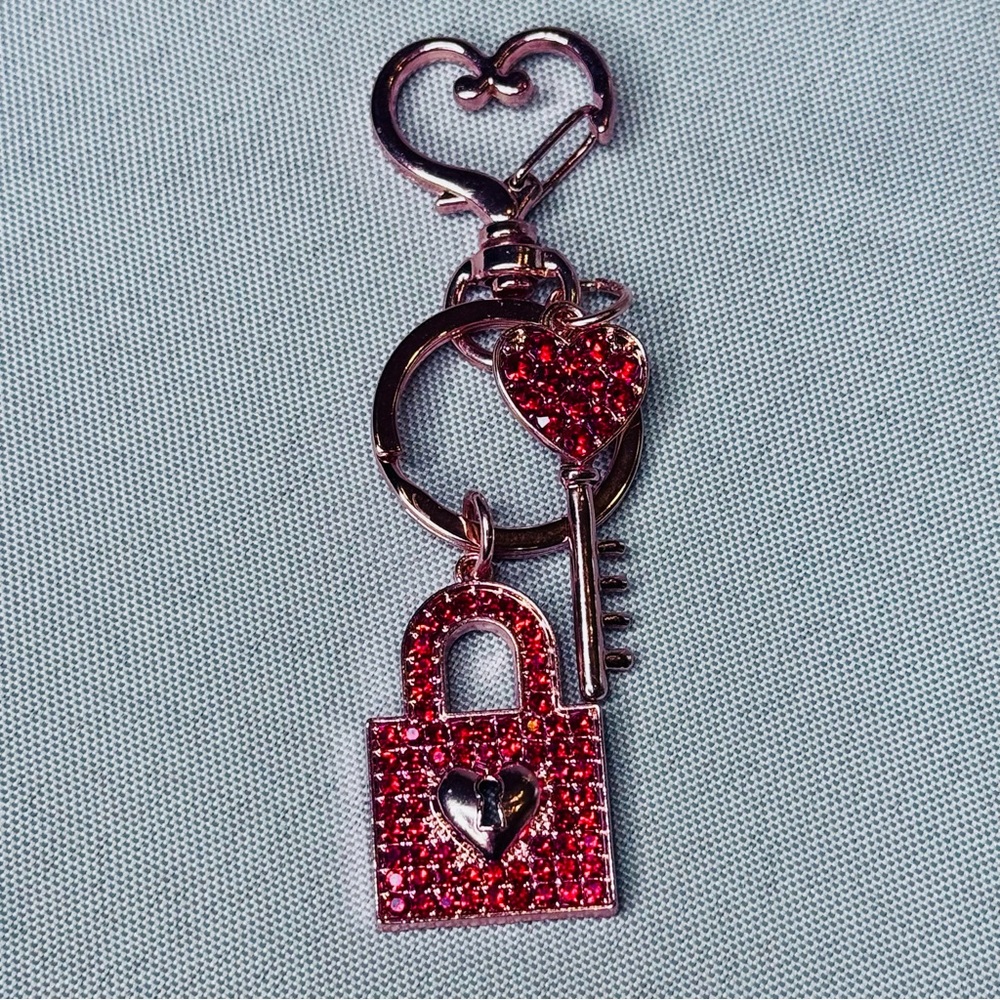 Hand Crafted Crystal Red Heart and Lock Keychain Accessory